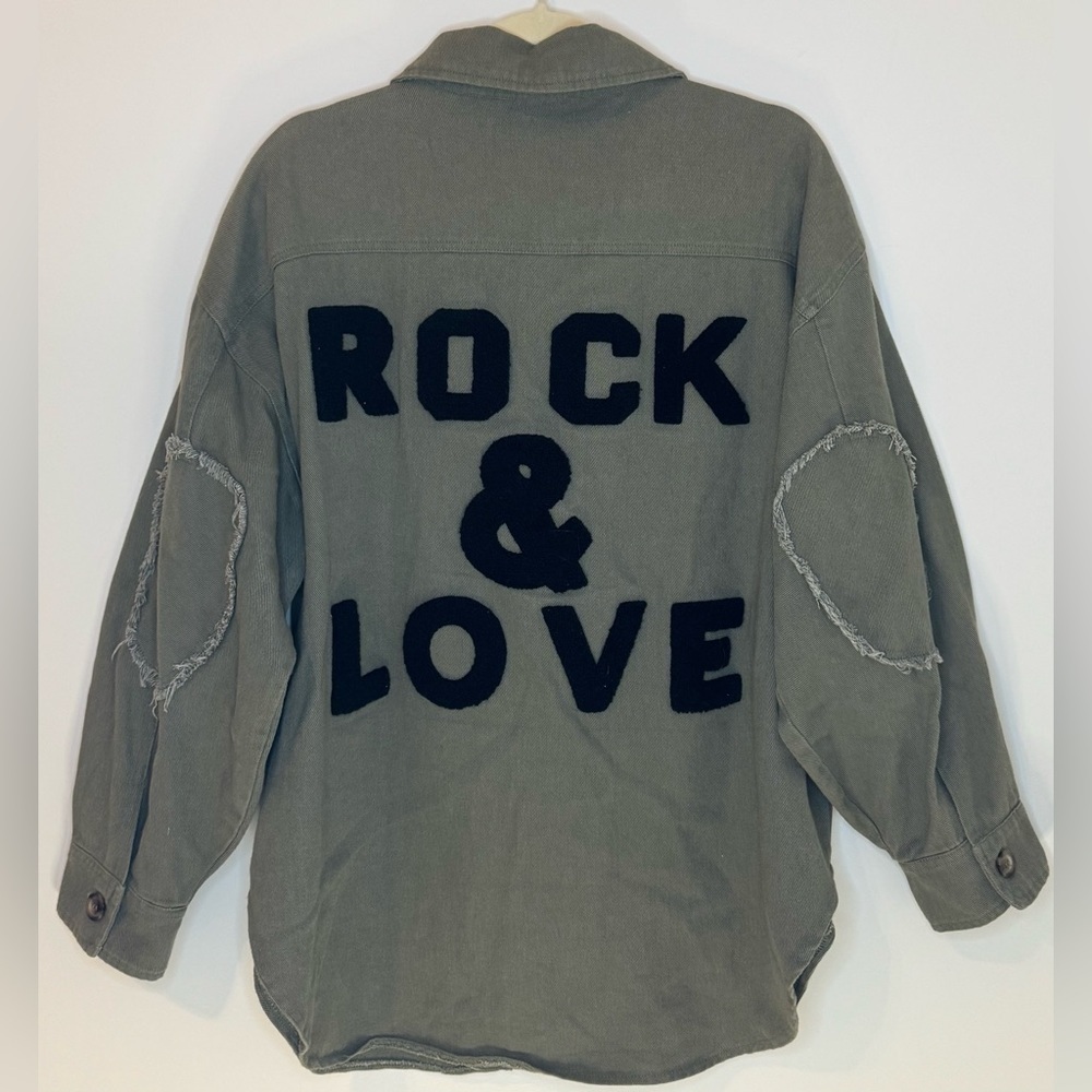 Sweet Lovely by Jen Army Green Jacket with Black Rock & Love Text on Back Size L